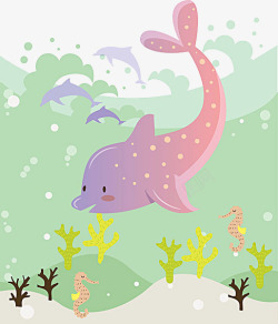 粉色海豚可爱卡通粉色海豚海浪水柱高清图片