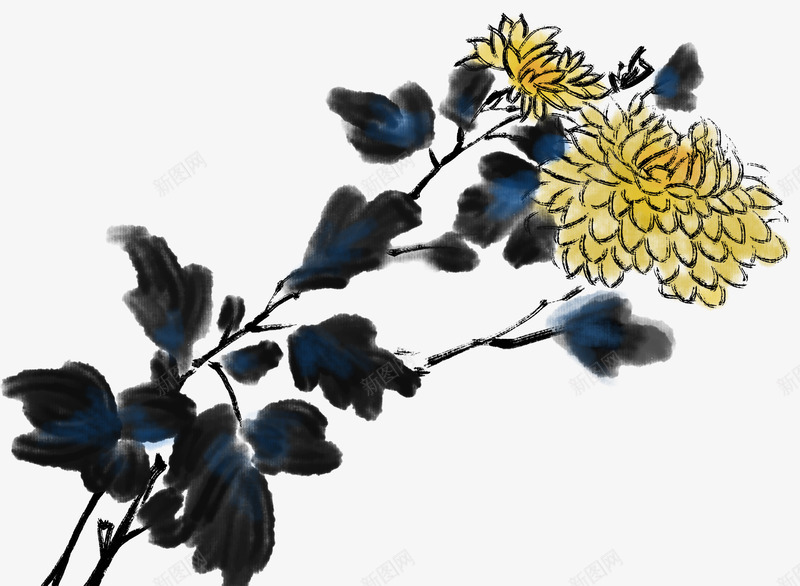 水墨菊花中国风插画psd免抠素材_新图网 https://ixintu.com 中国风 手绘插画 水墨 花卉 菊花 装饰图案