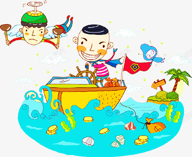 手绘小孩开船png免抠素材_新图网 https://ixintu.com 卡通 多彩 小船 手绘 椰子树 海水 漫画