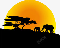 橙色大象月亮大象剪影矢量图高清图片