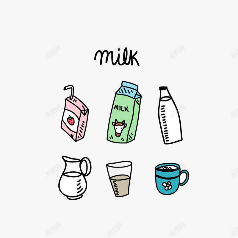 卡通手绘不同口味的牛奶和盛放牛png免抠素材_新图网 https://ixintu.com 一盒牛奶 不同盛放牛奶的杯子 卡通手绘不同口味的牛奶和盛放牛奶的器皿素材免费下载 原味牛奶 草莓味牛奶