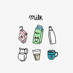 卡通手绘不同口味的牛奶和盛放牛素材