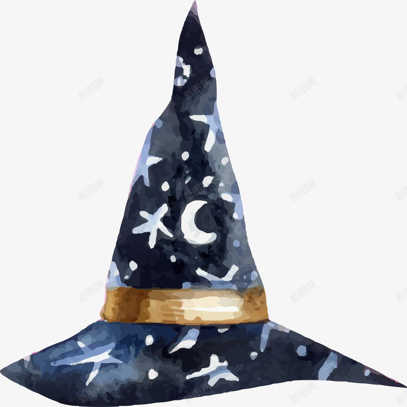 黑色女巫帽png免抠素材_新图网 https://ixintu.com 万圣节 可爱 女巫帽 尖帽 月亮星星 水彩手绘 矢量图案 装饰