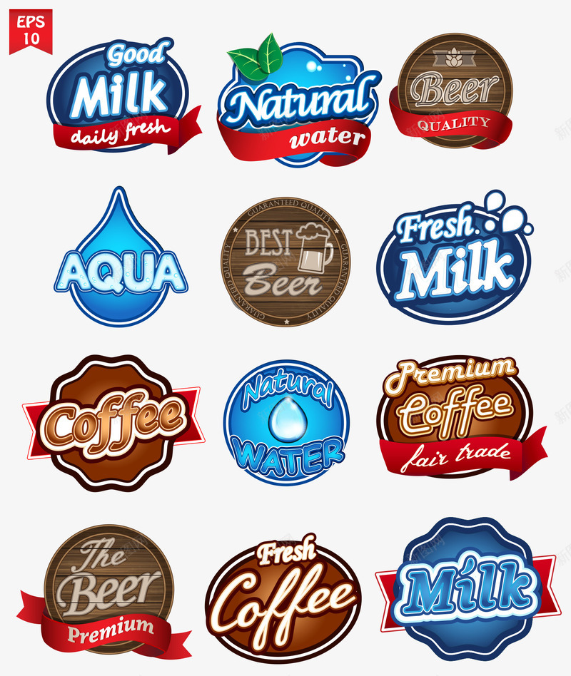 饮品广告标签合集矢量图eps免抠素材_新图网 https://ixintu.com 咖啡标签 水 牛奶标签 矢量图
