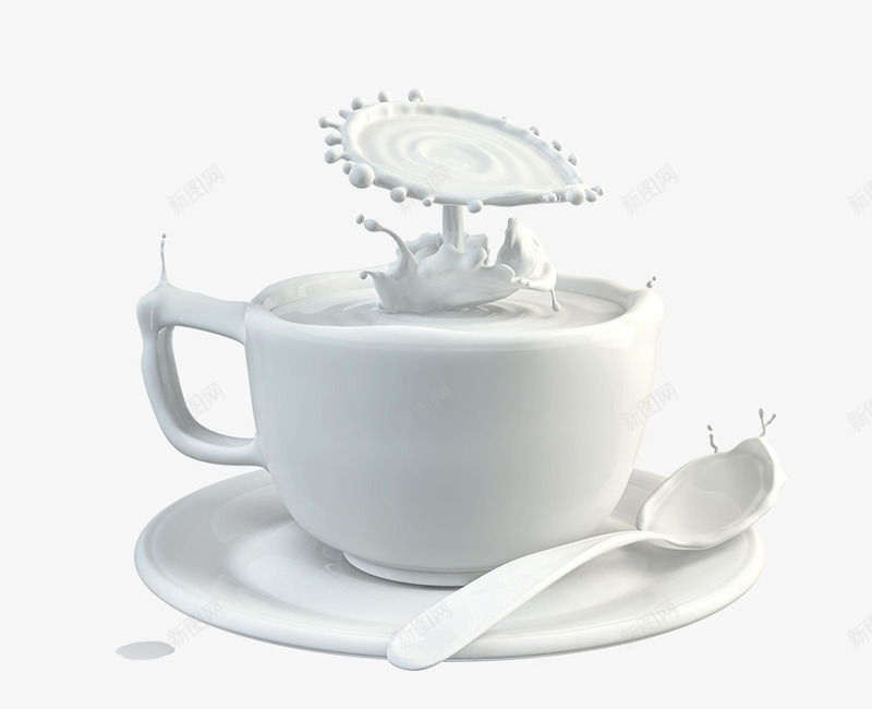 牛奶png免抠素材_新图网 https://ixintu.com 健康生活 勺子 早餐 杯子 液体 牛奶 白色 盘子