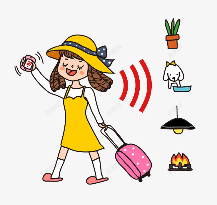 卡通旅行的女孩图png免抠素材_新图网 https://ixintu.com 女孩 手机信号 旅行 智能化 漂亮的 行李箱 视频