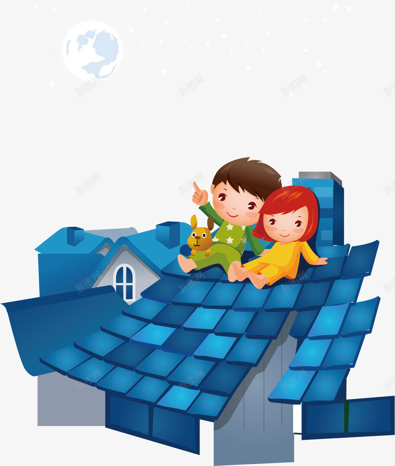 屋顶上看月亮的小朋友png免抠素材_新图网 https://ixintu.com 卡通 小朋友 屋顶 月亮 蓝色