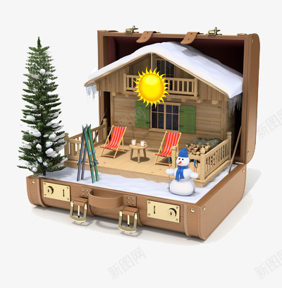 旅行箱里的冬天png免抠素材_新图网 https://ixintu.com 房子 雪人圣诞树