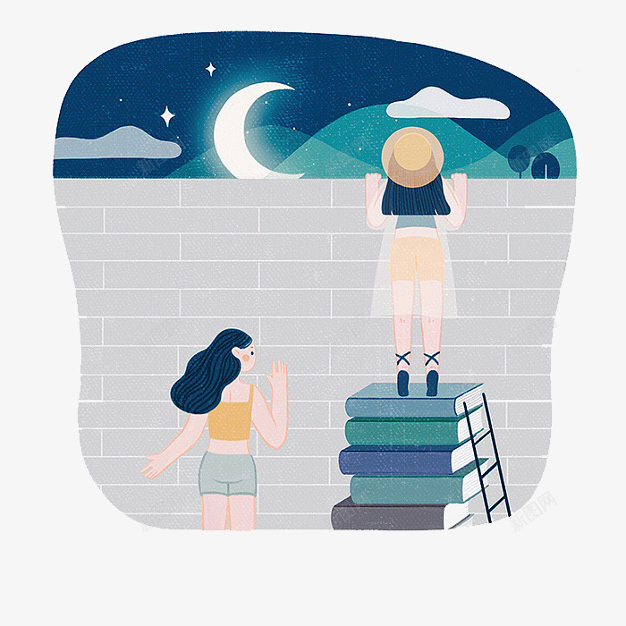 看月亮的女孩png免抠素材_新图网 https://ixintu.com 书本 卡通 女孩 手绘 月亮 月牙 梯子 水彩