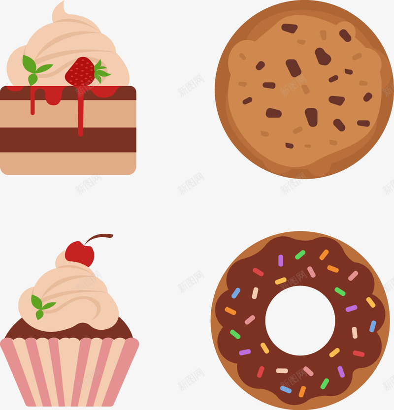 手绘卡通甜品png免抠素材_新图网 https://ixintu.com 卡通 手绘 甜品 甜甜圈 纸杯蛋糕 食物