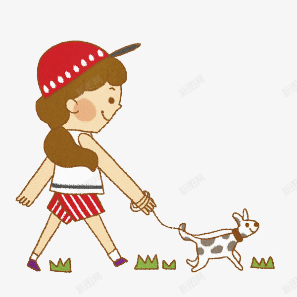 遛狗的女孩png免抠素材_新图网 https://ixintu.com 卡通 可爱的 女人 宠物 小狗 小草 漂亮的 走狗 遛弯