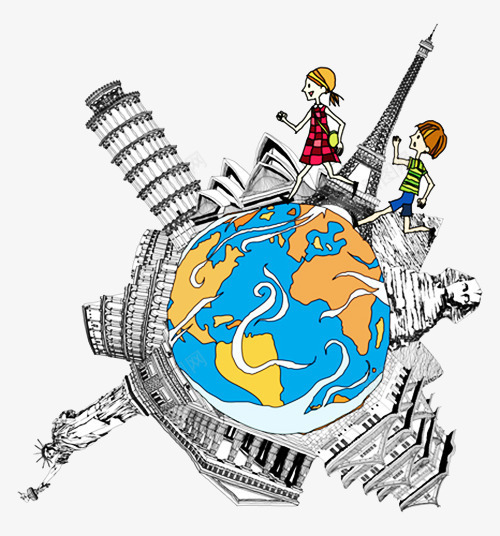两小孩在地球上png免抠素材_新图网 https://ixintu.com 卡通 多彩 建筑 手绘 插画 绘画