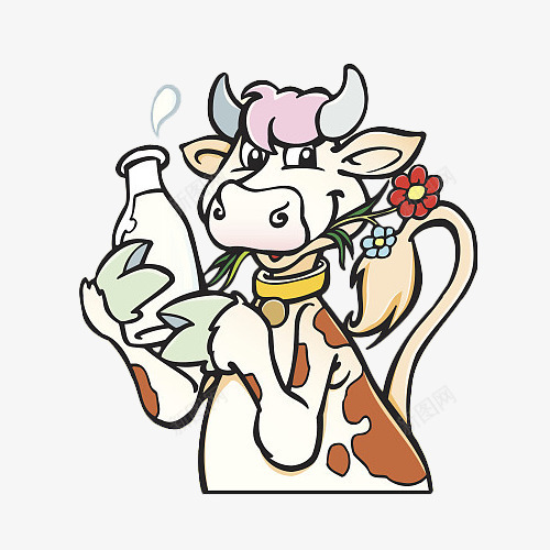 卡通奶牛抱着牛奶瓶png免抠素材_新图网 https://ixintu.com 卡通 卡通牛奶瓶 叼一朵花 奶牛 广告 海报 牛奶 牛奶瓶 花朵 设计
