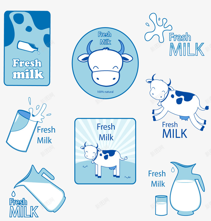 淡蓝色牛奶标签矢量图eps免抠素材_新图网 https://ixintu.com 可爱 天然牛奶 小奶牛 扁平化 淡蓝色 牛奶 矢量素材 纯牛奶 矢量图