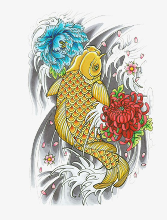 手绘菊花和金鲤鱼png免抠素材_新图网 https://ixintu.com 免抠 卡通 手绘 生动 纹身 菊花 金鲤鱼 鲤鱼