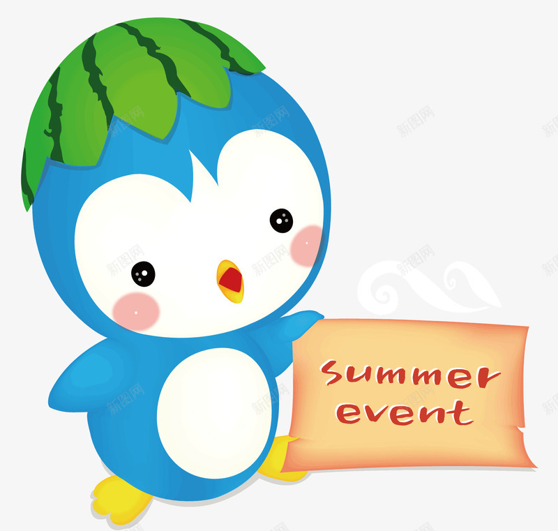 一个蓝色的卡通企鹅png免抠素材_新图网 https://ixintu.com 可爱 夏天 夏天的英文拼写 帽子 绿色的西瓜 蓝色的身体 黄色的牌子