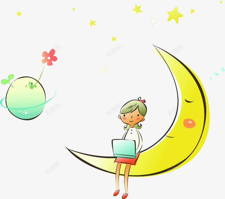 坐在月亮上的女孩png免抠素材_新图网 https://ixintu.com 卡通 女孩 小花 星球 月亮