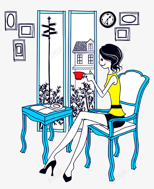 女生在家喝茶png免抠素材_新图网 https://ixintu.com 房屋 时钟 桌子 椅子 漫画 绘画 美女