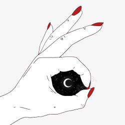 酷女孩红指甲的手看见月亮高清图片