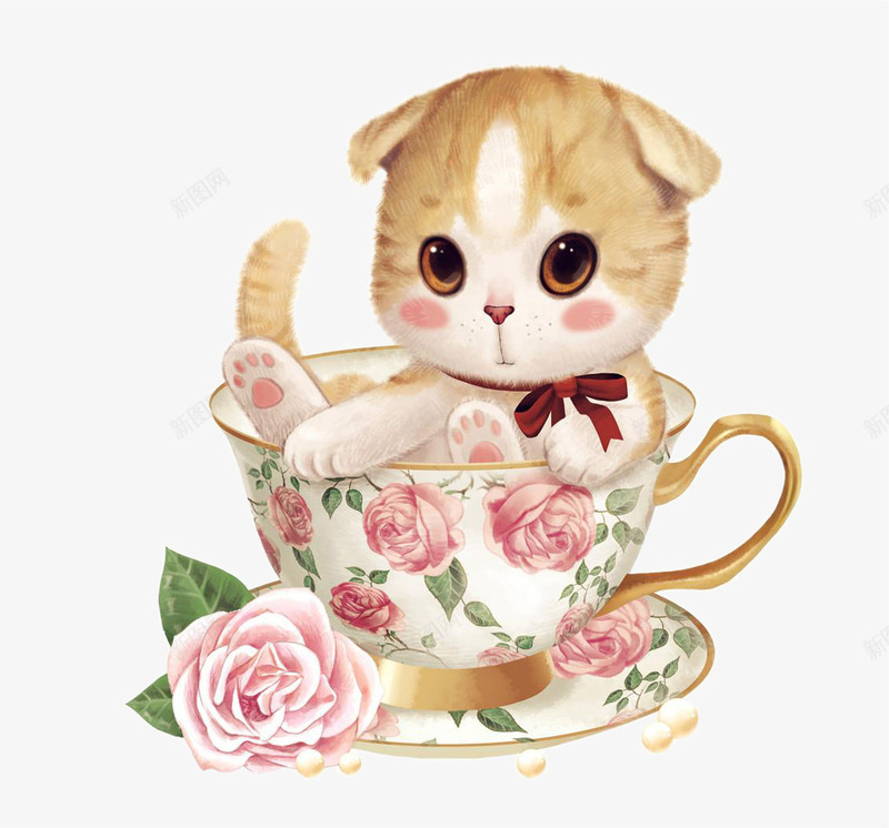 茶杯里的小猫png免抠素材_新图网 https://ixintu.com 卡通 手绘 插画 水彩 漫画 猫