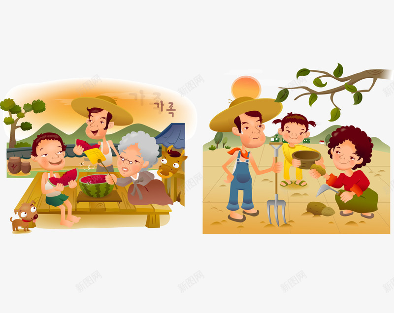 吃西瓜种地的三口之家png免抠素材_新图网 https://ixintu.com 吃西瓜 插画 撒种 种地