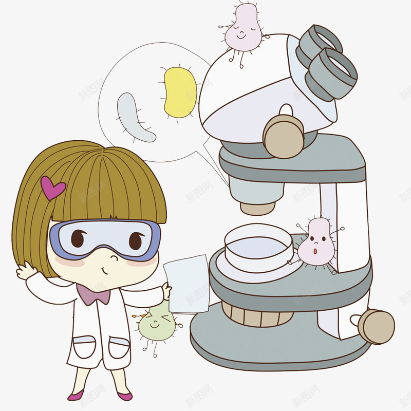 显微镜旁的女孩png免抠素材_新图网 https://ixintu.com 卡通 女孩 实验 工作的 插图 显微镜 漂亮的 细菌