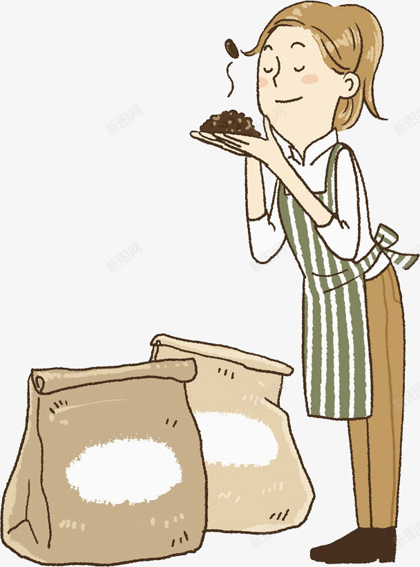 手绘女人和咖啡豆png免抠素材_新图网 https://ixintu.com 咖啡豆 女人 插图 服务员 漂亮的 袋子 问问