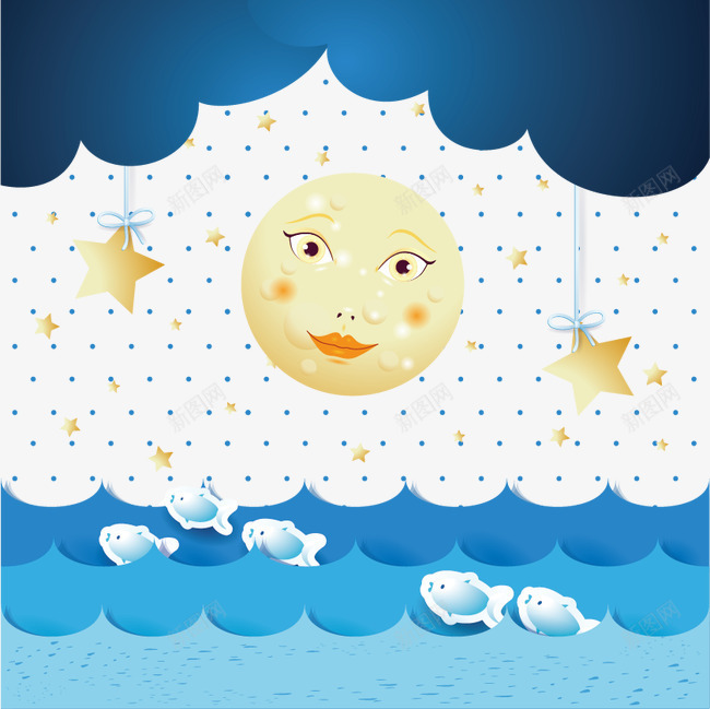 美丽的夜晚png免抠素材_新图网 https://ixintu.com 卡通背景素材 夜晚 大海 平面设计 彩色卡通 星星 星空 月亮 漫画 鱼