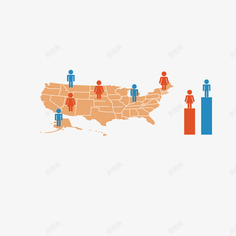 扁平化地图人物信息图表矢量图ai免抠素材_新图网 https://ixintu.com 人物 信息 办公 商业 地图 扁平化 百分比 美国 进度 矢量图