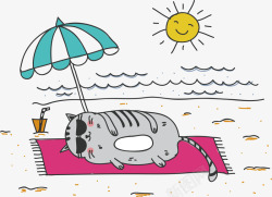手绘沙滩猫咪漫画素材