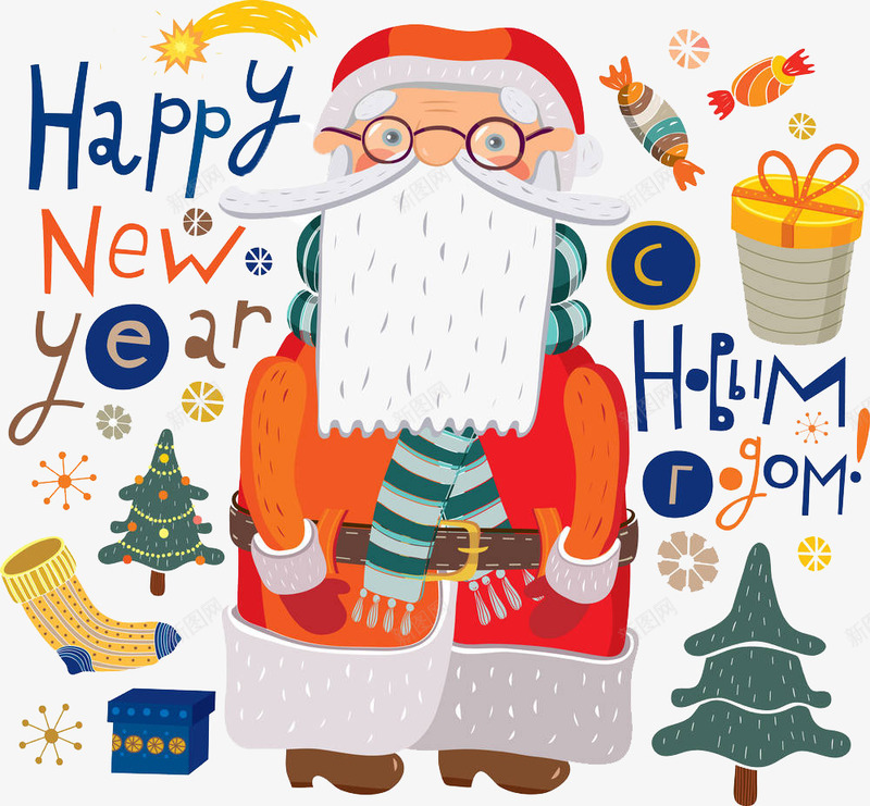 戴眼镜的圣诞老人png免抠素材_新图网 https://ixintu.com 卡通 商务 圣诞快乐 圣诞树 圣诞老人 多彩 手绘 眼镜 英文字母