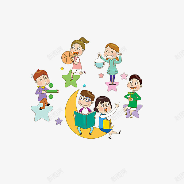 高兴地孩子png免抠素材_新图网 https://ixintu.com 卡通 可爱的 小孩子 手绘 星星 月亮 读书 高兴地