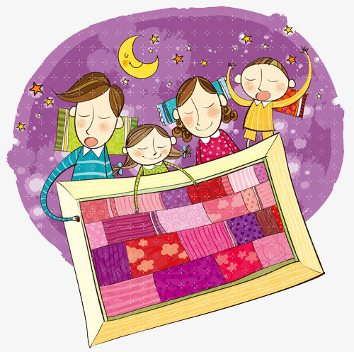 手绘一家人睡觉png免抠素材_新图网 https://ixintu.com 一家人 手绘 插画 月亮 被子