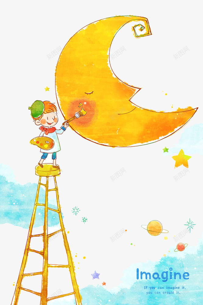 画月亮的小朋友png免抠素材_新图网 https://ixintu.com 弯月 手绘月亮 手绘男孩 梯子上的男孩 黄色弯月 黄色星星 黄色月亮