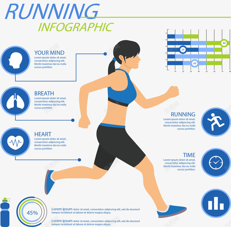 蓝色跑步信息图表png免抠素材_新图网 https://ixintu.com 体能监测 信息图表 矢量素材 肌肉女 跑步的人
