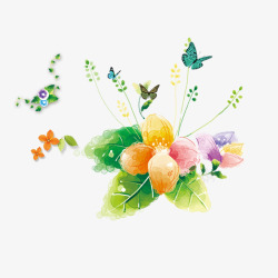 鲜艳的花朵和漂亮的蝴蝶手绘素材