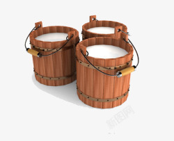 三个短板木桶三个装着牛奶的手提木桶高清图片
