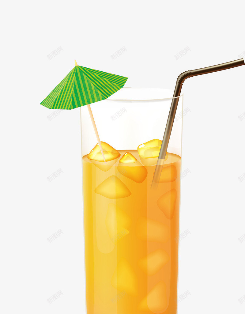 橙色果汁矢量图ai免抠素材_新图网 https://ixintu.com 冰块 吸管 手绘 果汁 玻璃瓶 绿色小伞 矢量图