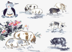 生肖猪元素十二生肖水墨猪漫画高清图片
