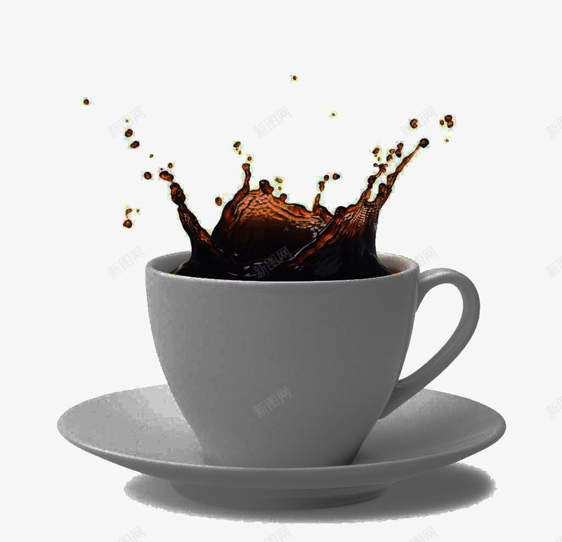 激起水花的咖啡png免抠素材_新图网 https://ixintu.com 弧形手柄 提神 提神醒脑 水花咖啡 激荡 白色杯具套装 褐色