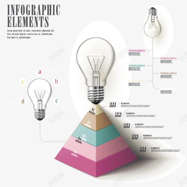 金字塔灯泡信息图png免抠素材_新图网 https://ixintu.com 信息图表 创意设计 时尚 流程图表 潮流 灯泡矢量 炫彩 缤纷 金字塔