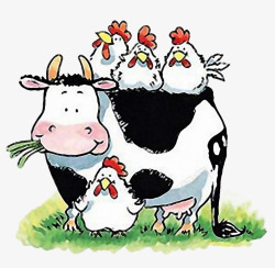 农场的母鸡卡通奶牛和母鸡们高清图片