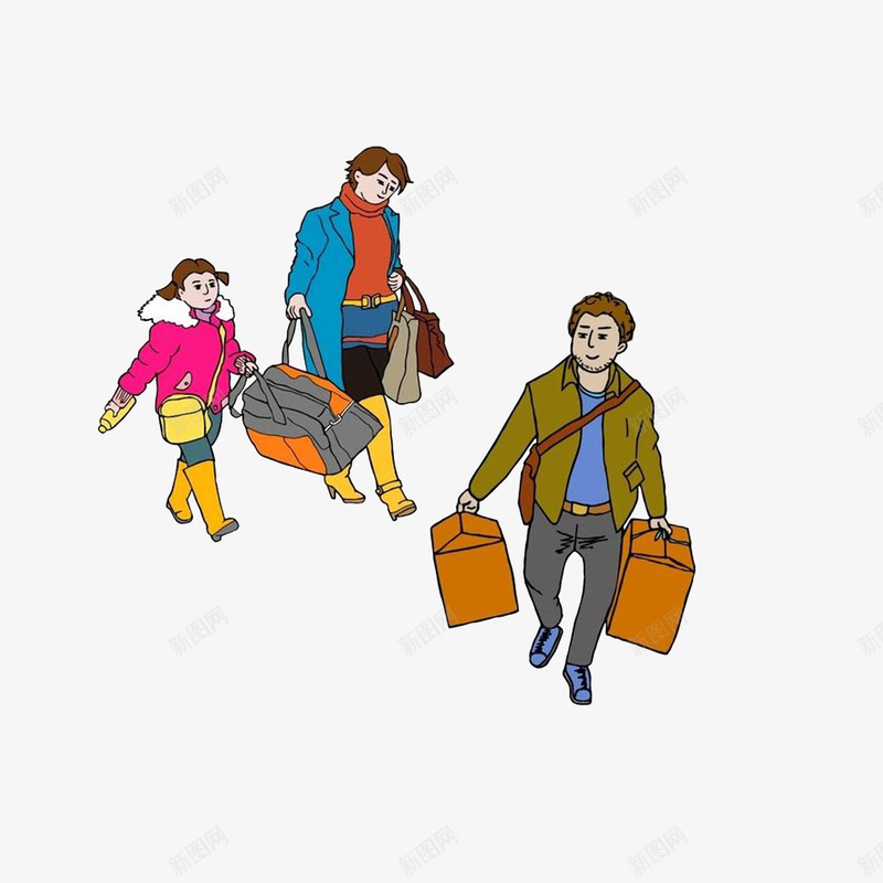 拿着大包小包的行李回家psd免抠素材_新图网 https://ixintu.com 一家人一起回家 卡通漫画 拉行李箱的人 拿着大包小包的行李回家