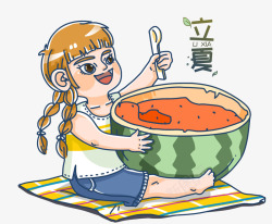 手绘可爱插图立夏节气女孩吃西瓜素材