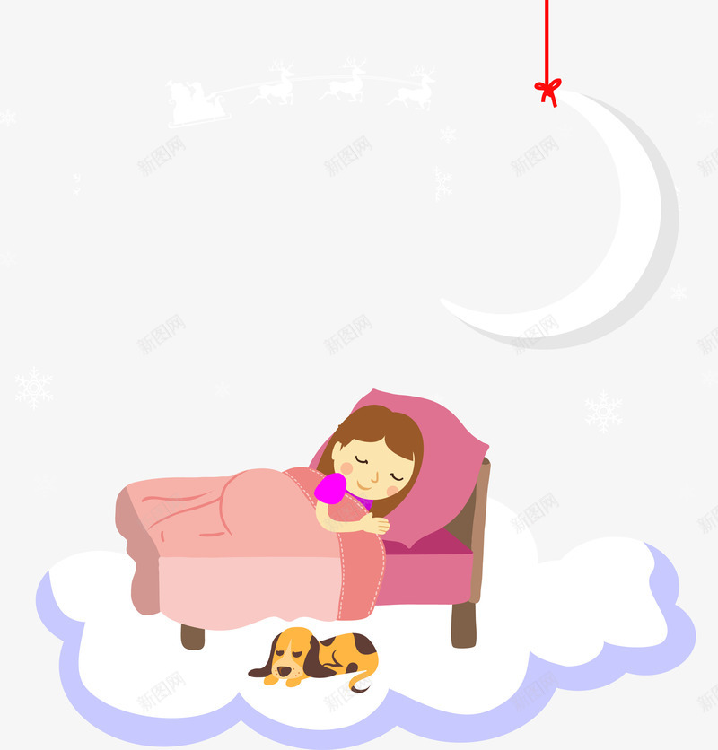 睡觉的女孩png免抠素材_新图网 https://ixintu.com 休息 侧身睡觉 卡通 可爱的 大床 女孩 小狗 月亮 熟睡少女 睡觉