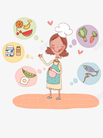 想象食物png免抠素材_新图网 https://ixintu.com 厨师帽 围裙 手绘 牛奶 胡萝卜