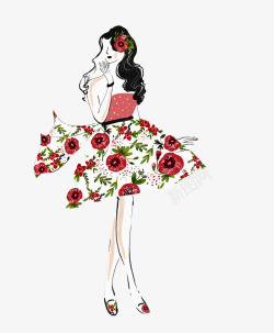 碎花裙子红色碎花半身裙时尚女郎高清图片