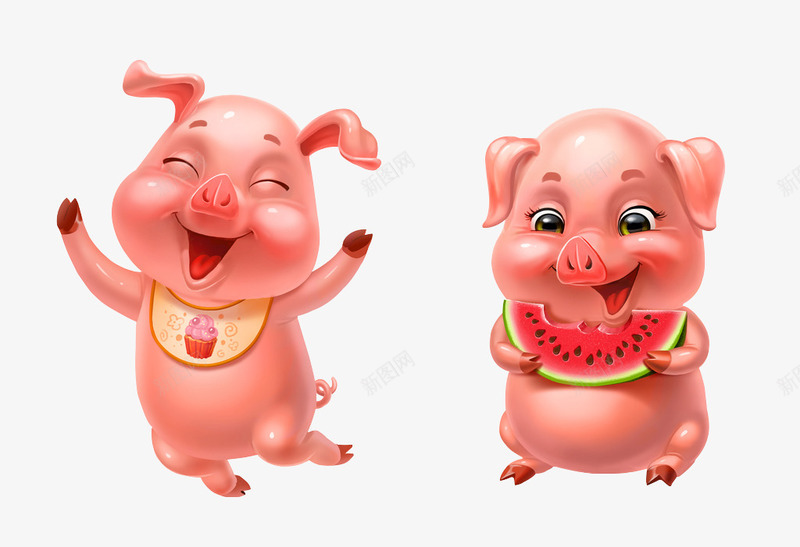 2只小粉猪猪png免抠素材_新图网 https://ixintu.com 两只粉猪 吃西瓜的小猪 开心的小猪 粉色小猪