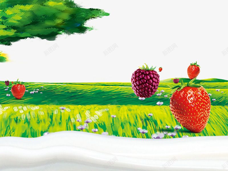 水彩画绿色草坪上的水果png免抠素材_新图网 https://ixintu.com 动感牛奶 大树 树莓 水彩画绿色草坪上的水果 草地 草莓