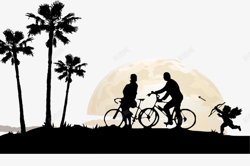 情侣骑自行车图png免抠素材_新图网 https://ixintu.com 丘比特 剪影 单车剪影 情侣 月亮 椰子树 自行车